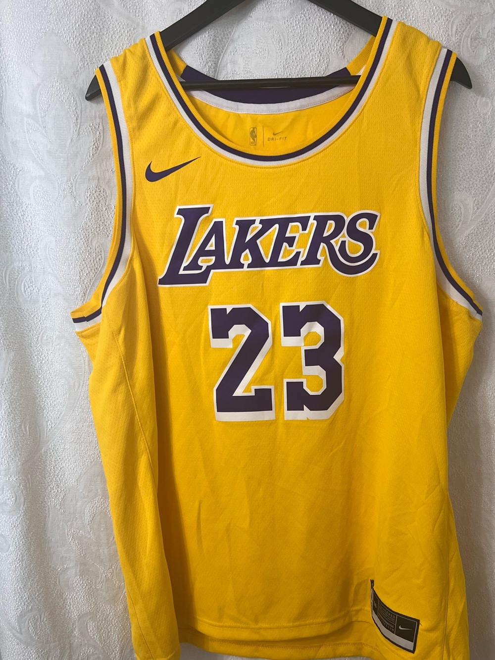 Nike Men's Lakers Yellow and Purple Basketball Jersey #23 XXL
